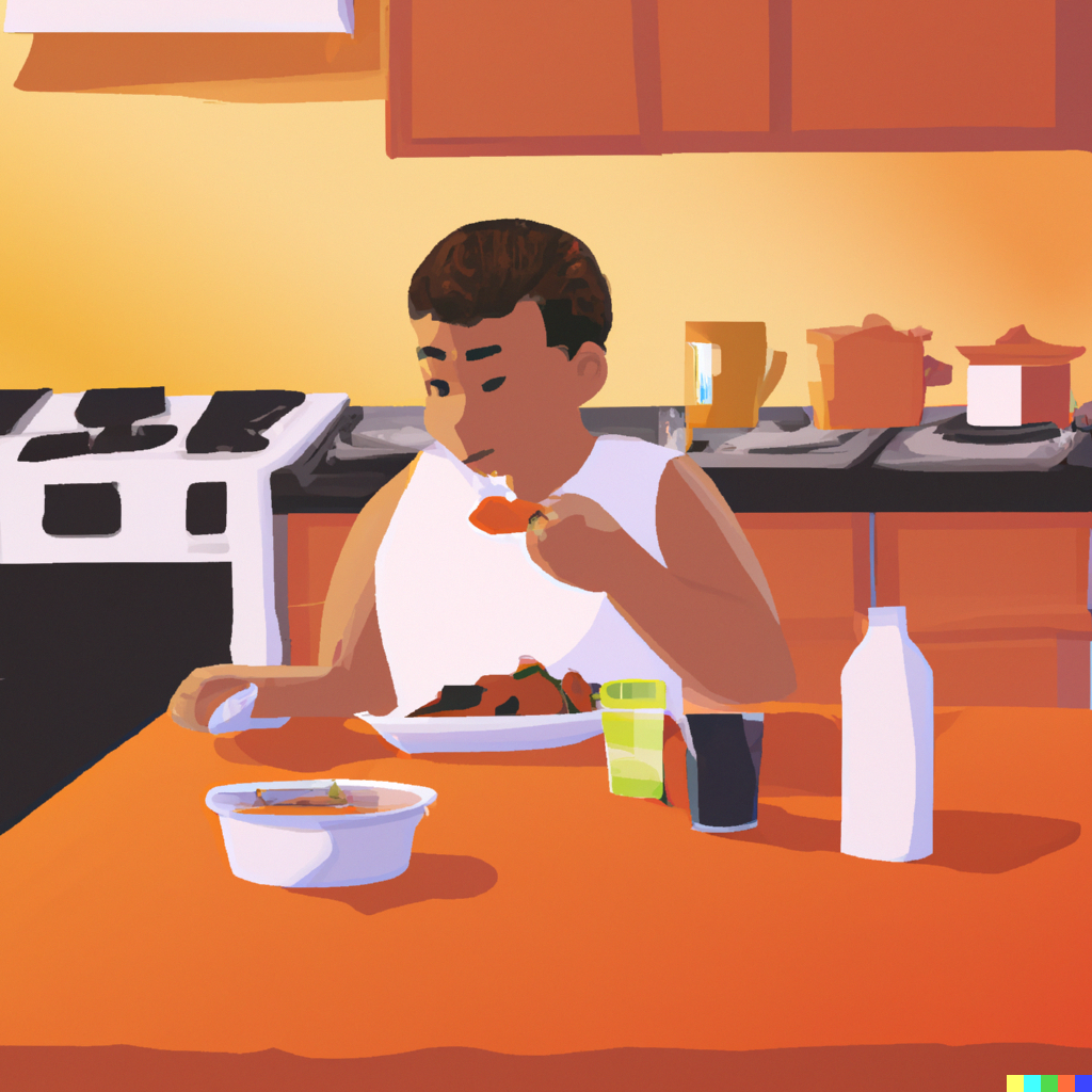 DALL-E illustration of a person dining at a table, representing the CPU cache analogy